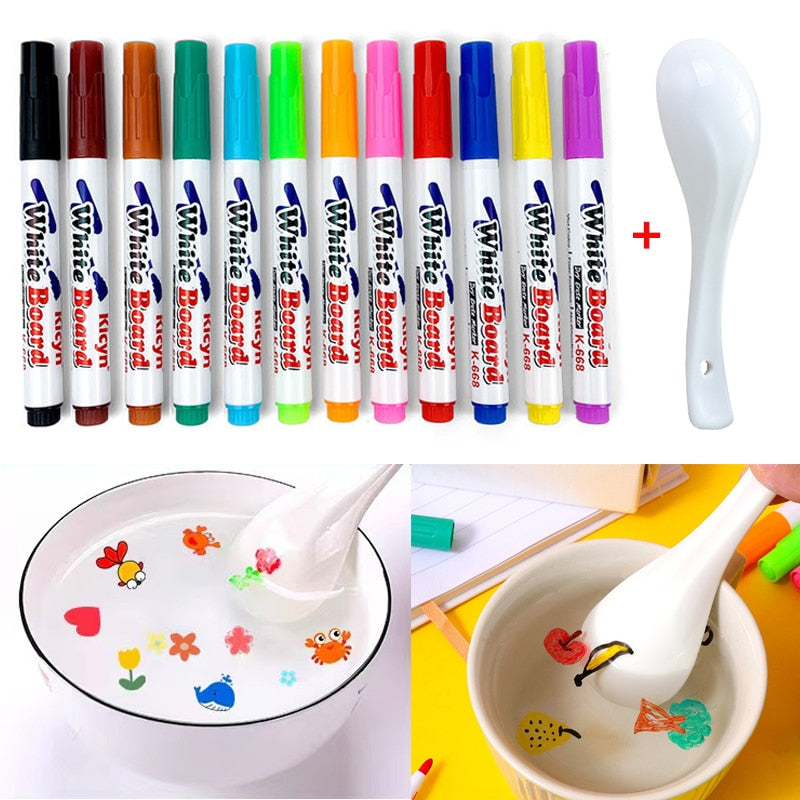 8/12 Colors Magical Water Painting Pen Water Floating Doodle Pens Kids  Drawing Early Education Magic Whiteboard Markers spoon